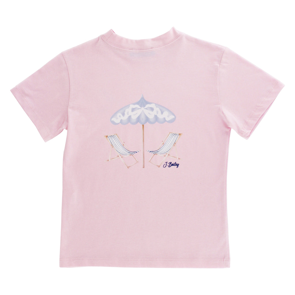 Girls pink t-shirt with beach chair and umbrella design.