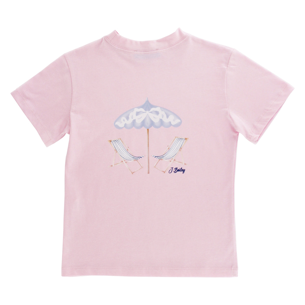 Girls pink t-shirt with beach chair and umbrella design.