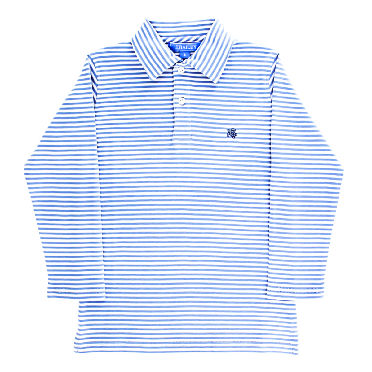 J. Bailey boys blue stripe long sleeve knit polo shirtwith a classic collar, a two-button placket, and a small embroidered logo on the chest.