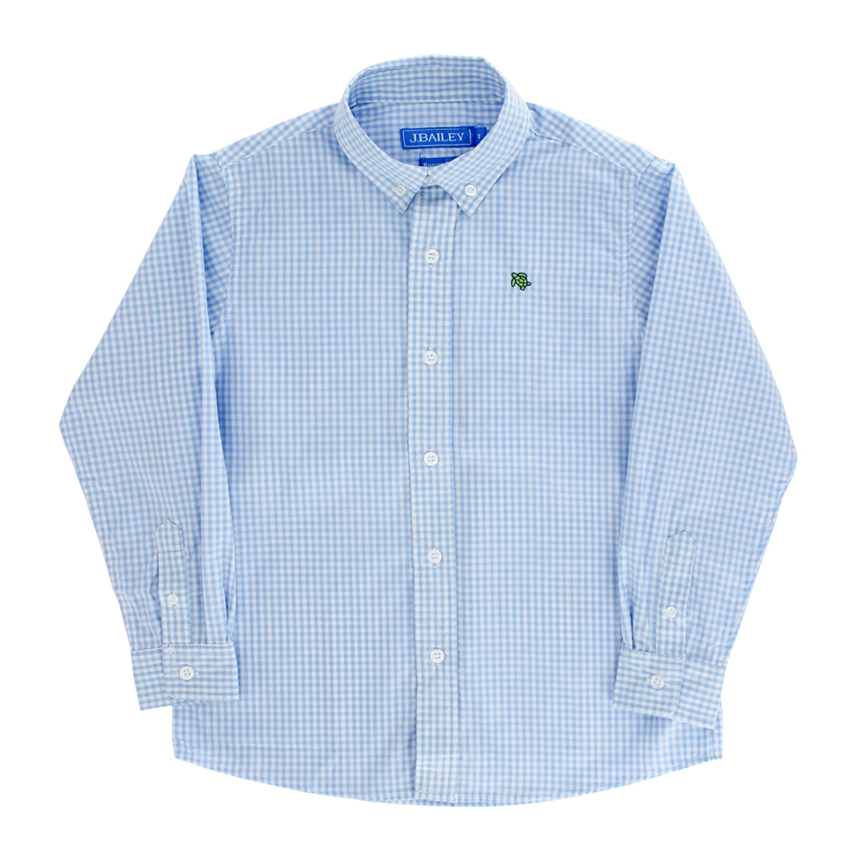 A light blue and white gingham long-sleeve button-down shirt by J. Bailey, featuring a small embroidered green Bailey Boys logo.