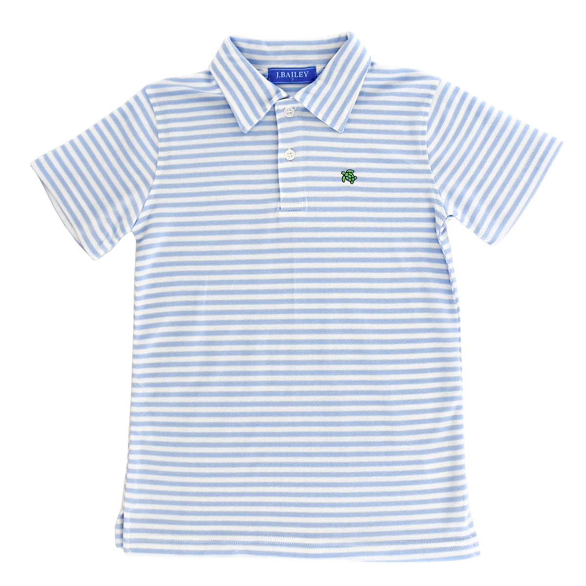 Blue and white striped boy's short sleeved polo shisrt with a J. Bailey tag and embroidered green turtle logo.