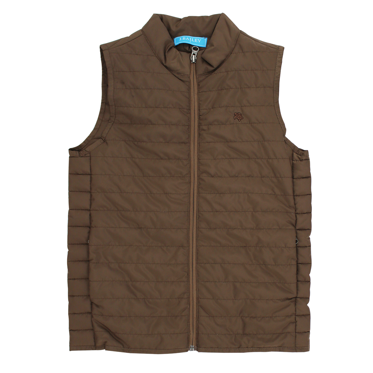 A boy’s brown quilted zip-up vest with a stand-up collar and a small embroidered J. Bailey logo on the left chest.
