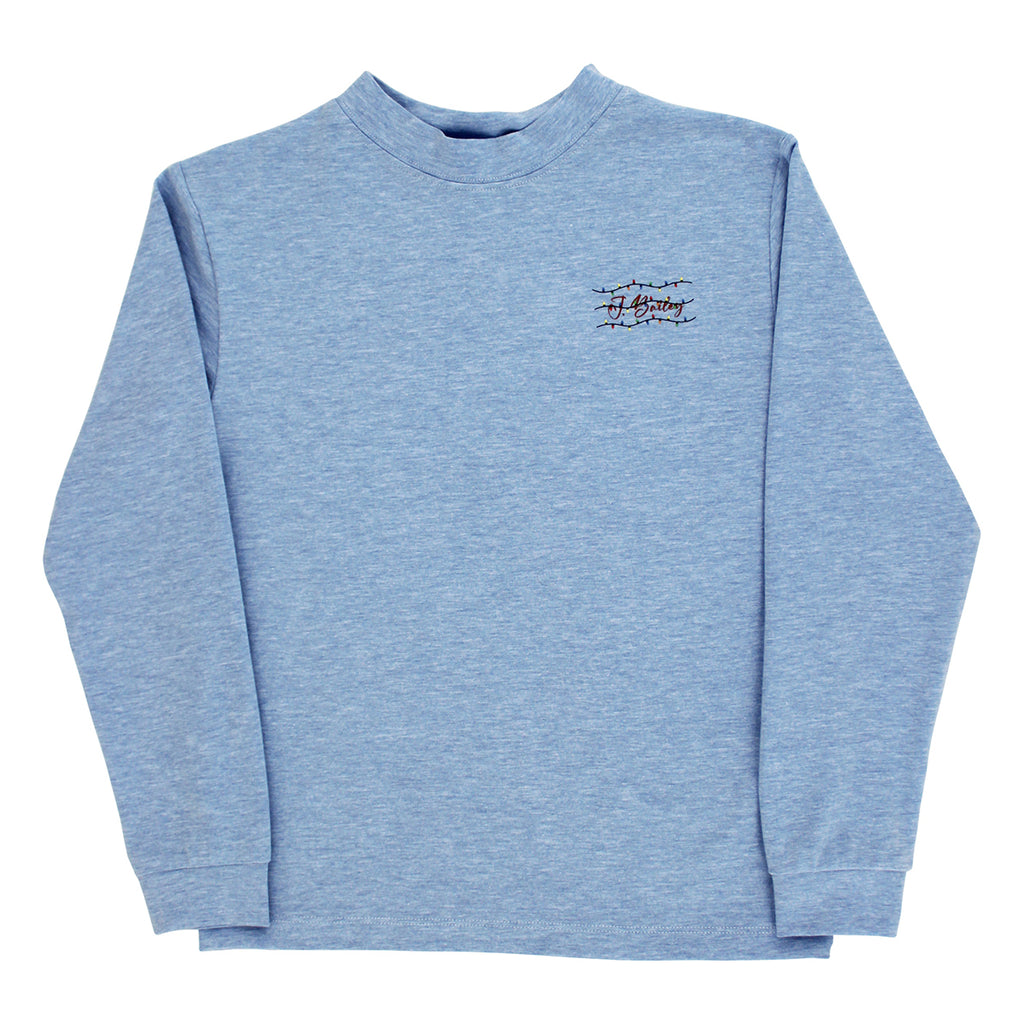 A blue heather crewneck t-shirt with a small embroidered graphic on the left chest.