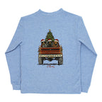 A heather blue long-sleeve t-shirt with three dogs in a pickup truck carrying a Christmas tree and a J. Bailey signature.