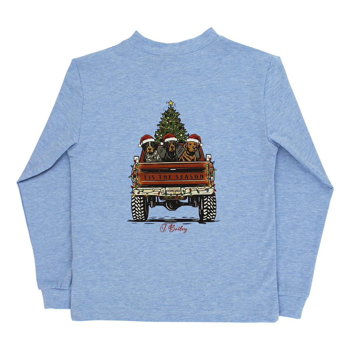 A heather blue long-sleeve t-shirt with three dogs in a pickup truck carrying a Christmas tree and a J. Bailey signature.