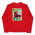 A red long-sleeve t-shirt with a square graphic print on the back showing an illustration of a white bulldog wearing a red sweater on a football field.