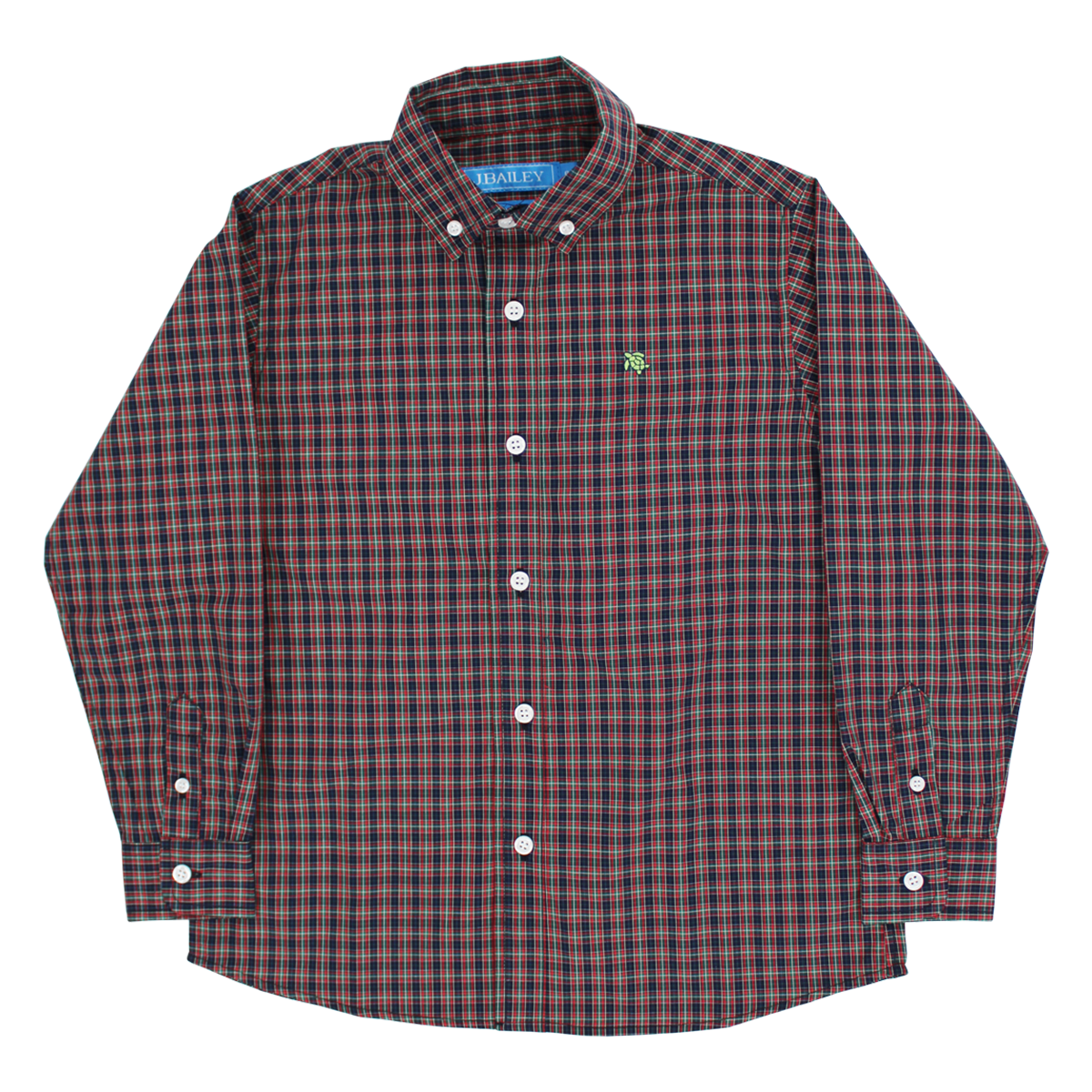 A long-sleeve button-down shirt for boys featuring a plaid pattern. It has a classic collar, white buttons, and a small embroidered J. Bailey logo on the left chest.