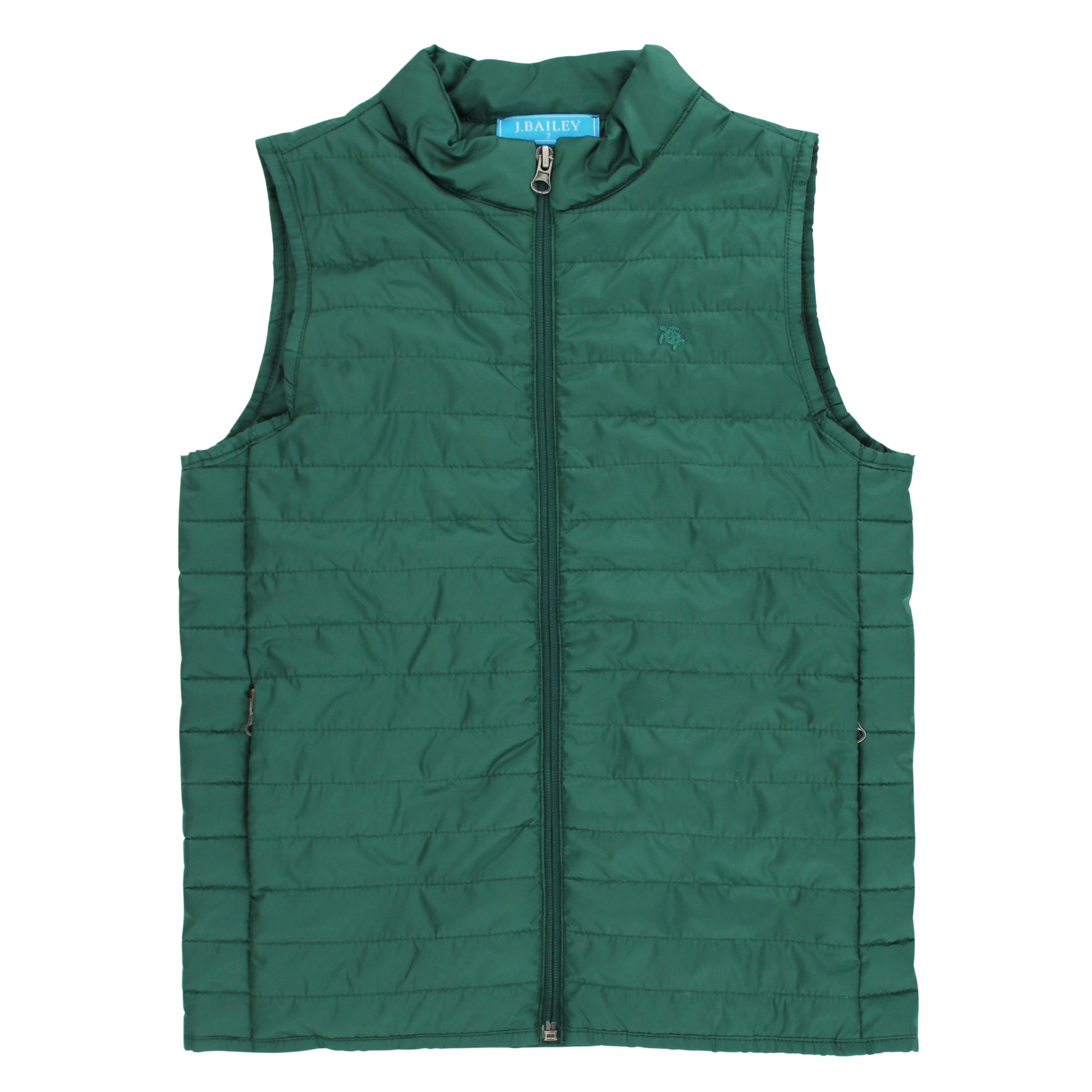 A dark green quilted puffer vest with a full front zipper, stand-up collar, and zippered side pockets.