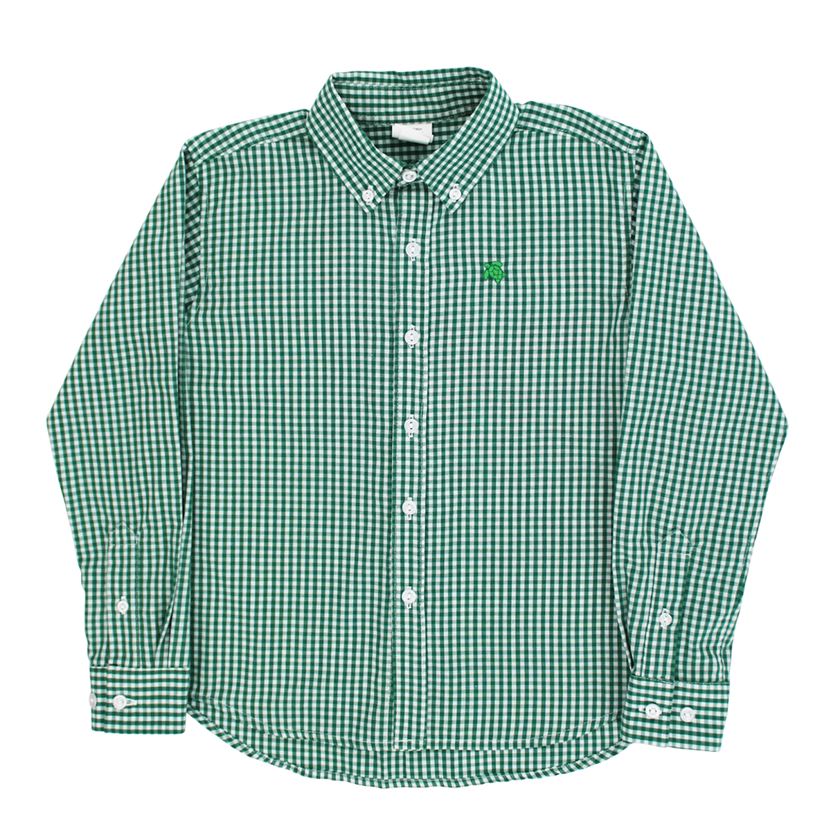 A green and white gingham long-sleeve button-down shirt by J. Bailey, featuring a small embroidered green Bailey Boys logo.