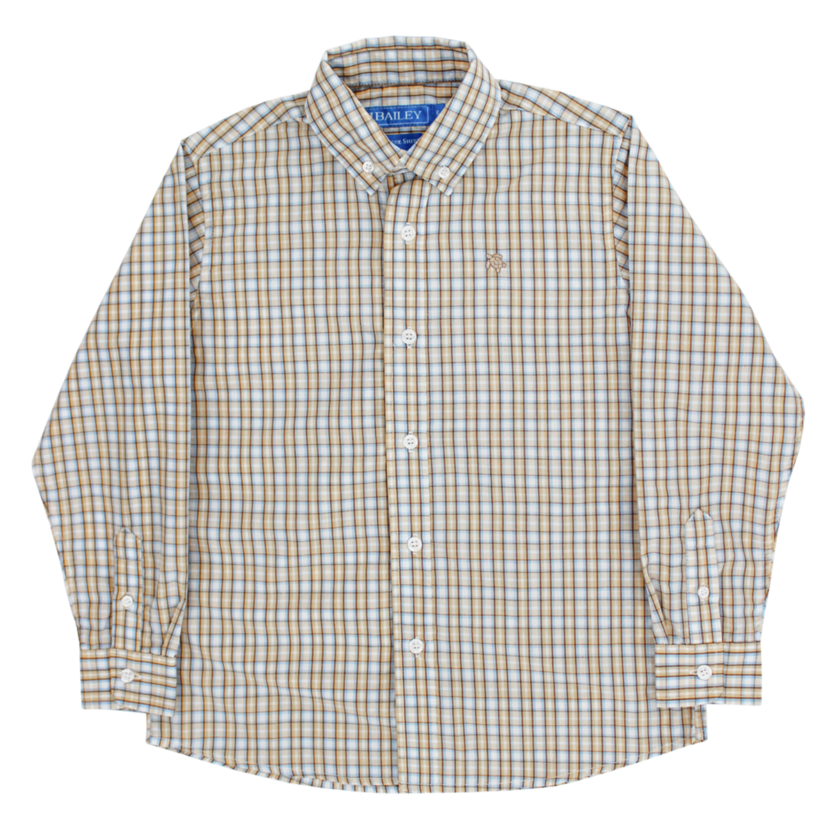 A long-sleeve button-down shirt in tan and blue plaid by J. Bailey, featuring a small embroidered green Bailey Boys logo.
