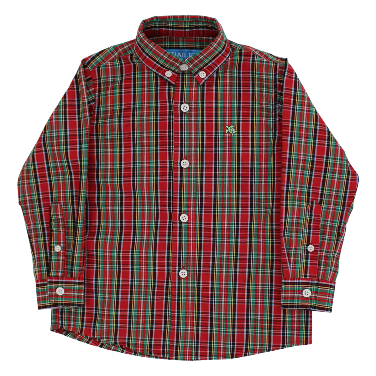 A long-sleeve button-down shirt for boys featuring a red and green Christmas tartan plaid pattern. It has a classic collar, white buttons, and a small embroidered J. Bailey logo on the left chest.