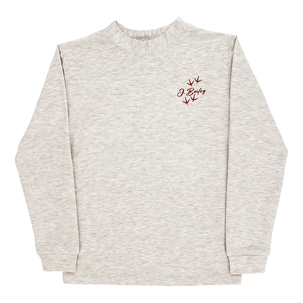 A light heather beige crewneck sweatshirt with an embroidered J. Bailey logo and turkey tracks.