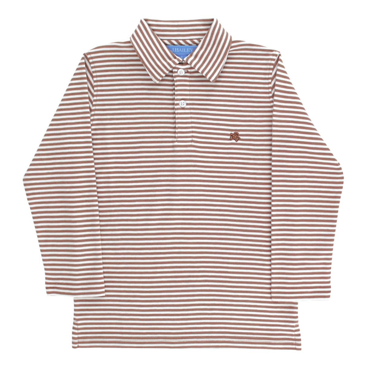 J. Bailey boys brown stripe long sleeve knit polo shirt with a classic collar, button placket, and small embroidered logo on the left chest.