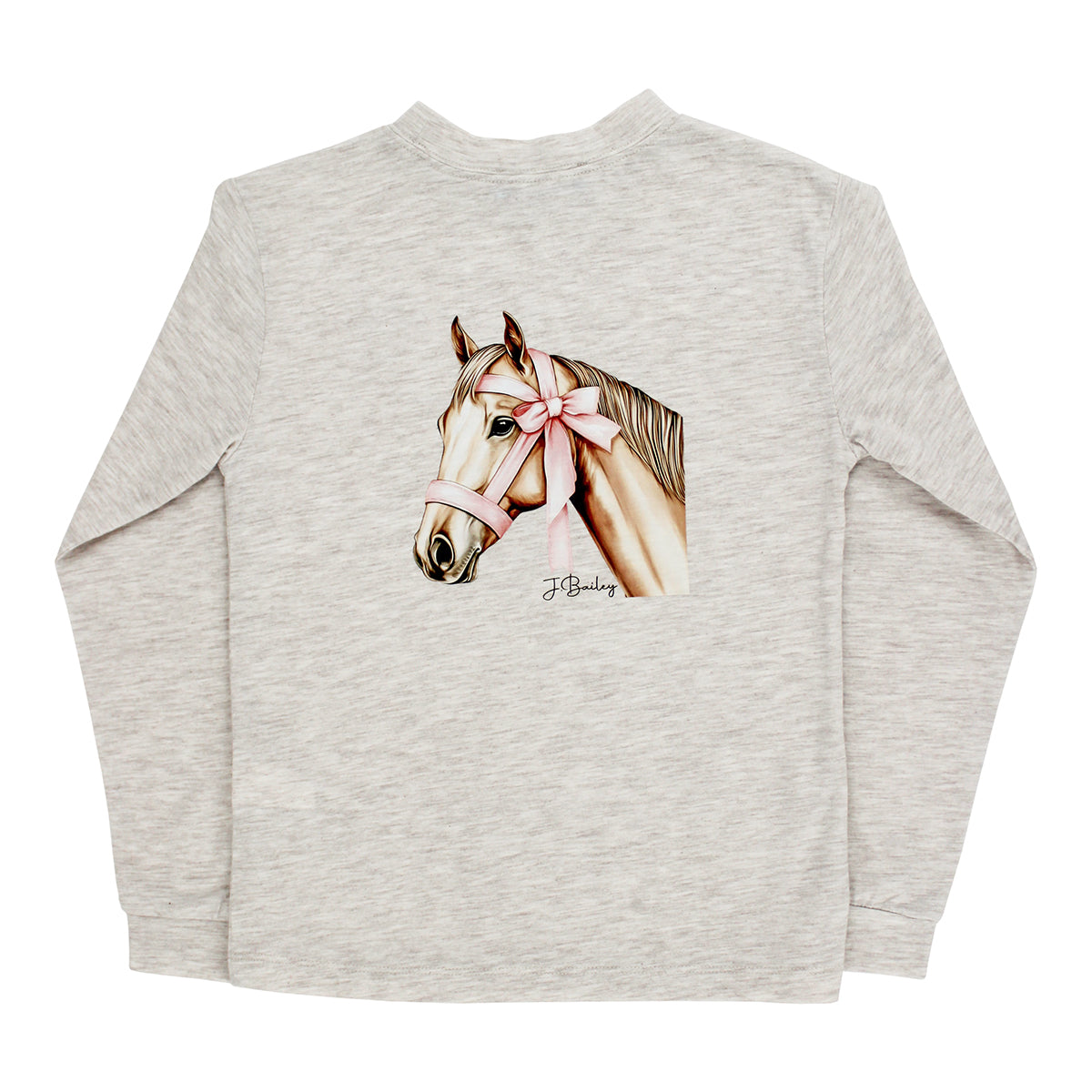A girl's light heather beige long-sleeve t-shirt with a detailed graphic of a horse wearing a pink bow on its halter.