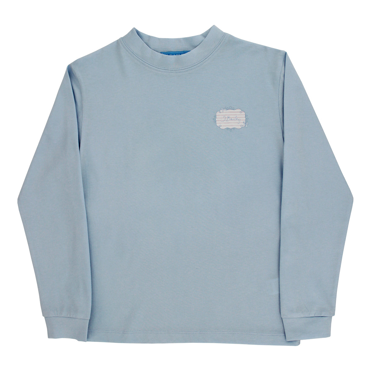 A light blue long-sleeve crewneck t-shirt with a small white patch on the left chest.