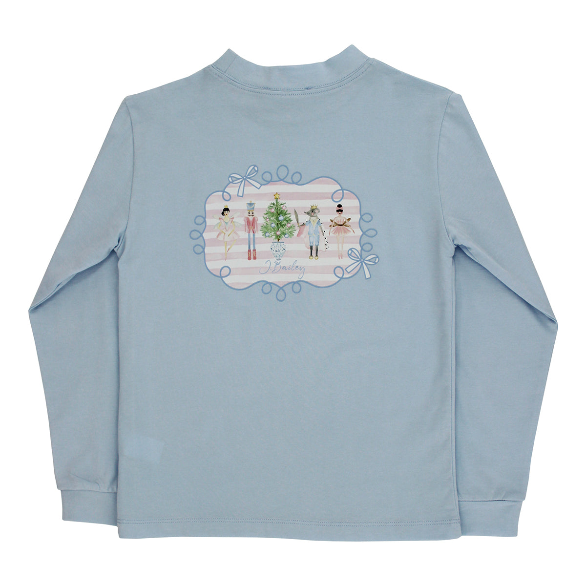A light blue long-sleeve girls Christmas t-shirt featuring a central graphic of Nutcracker Ballet characters.