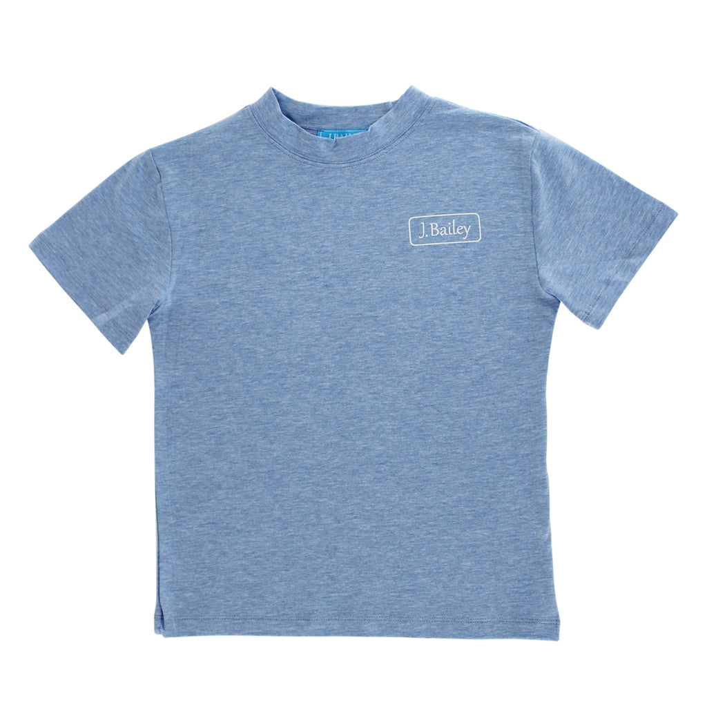 Heathered blue boy's short sleeve t-shirt with a J. Bailey logo.