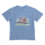 Blue t-shirt with a graphic of a dog holding an American flag