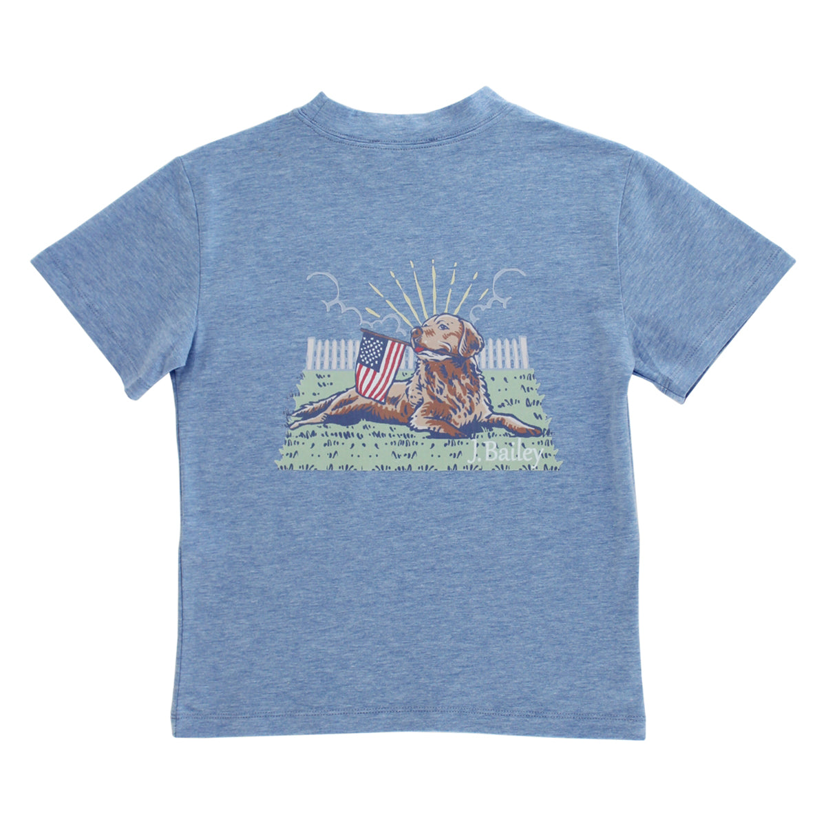 Blue t-shirt with a graphic of a dog holding an American flag