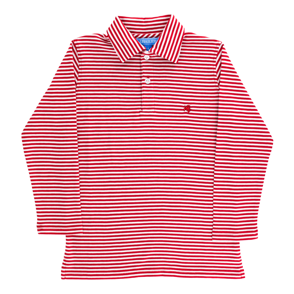A long-sleeve polo shirt with horizontal red and white stripes, featuring a classic collar, a three-button placket, and a small embroidered J. Bailey turtle logo on the chest.
