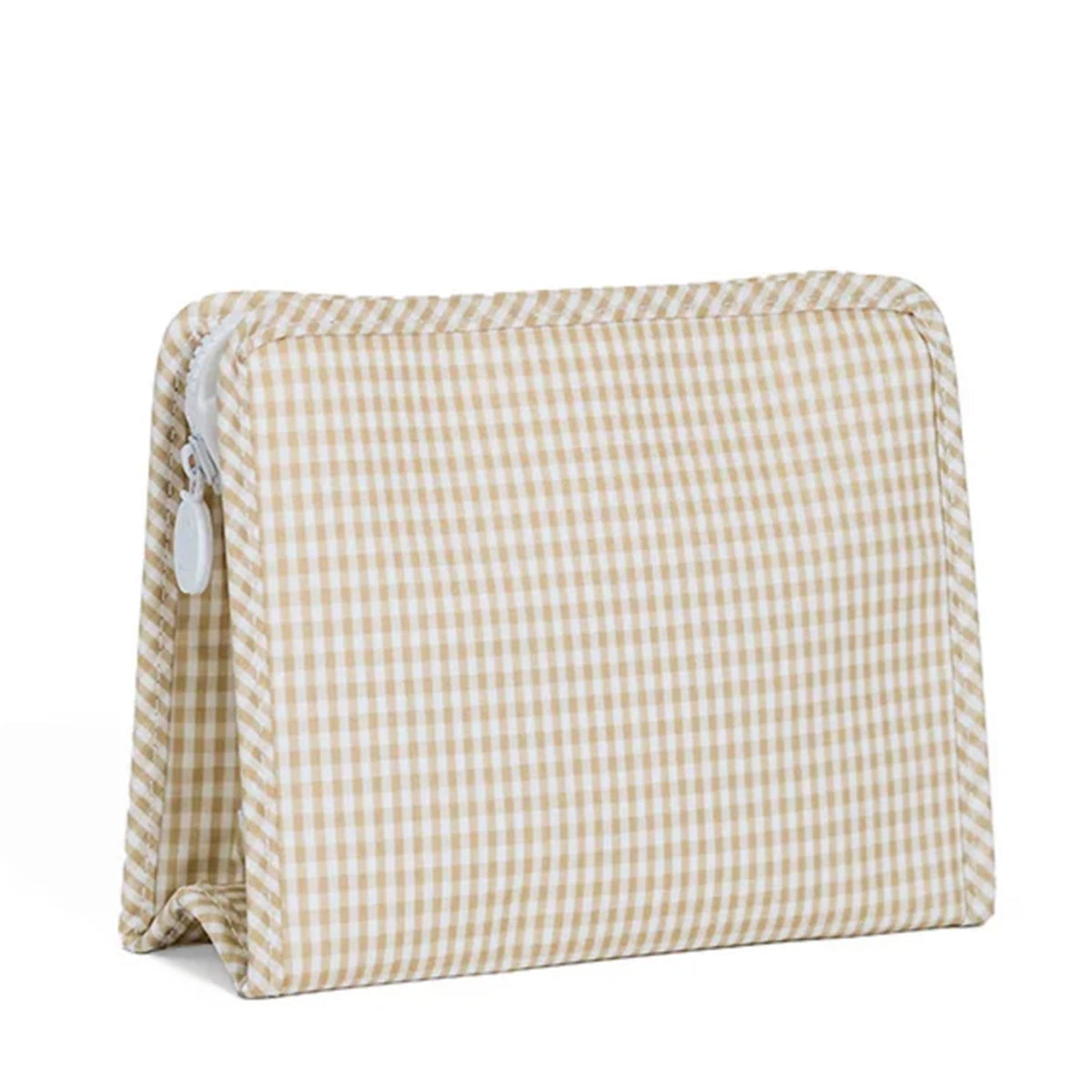 Khaki Check Travel Bag with white pull tab.