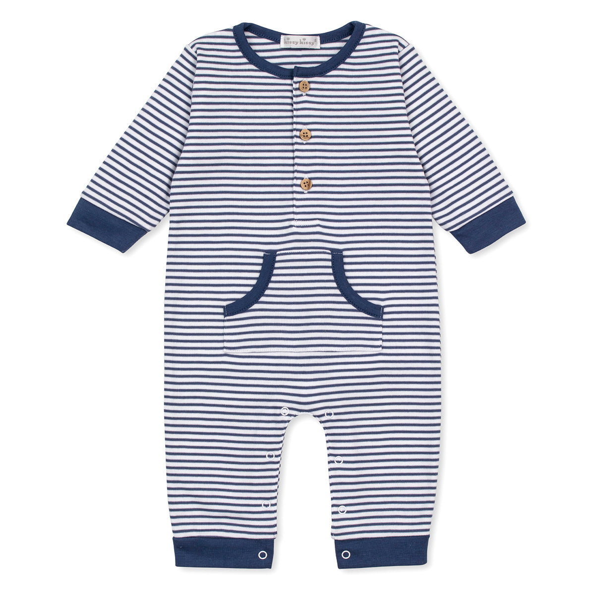 Navy and white striped baby boy romper with a kangaroo pocket and button front.