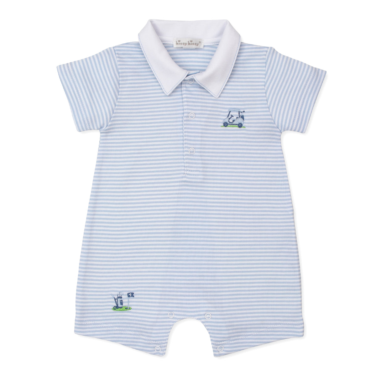 Baby boy romper with light blue striped pattern, white collar, and embroidered golf design.