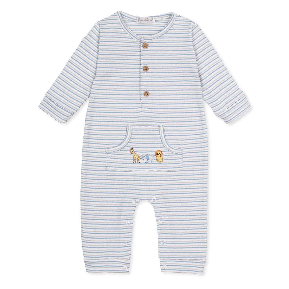 Neutral khaki and blue striped baby boy romper with embroidered safari animals on a kangaroo pocket.