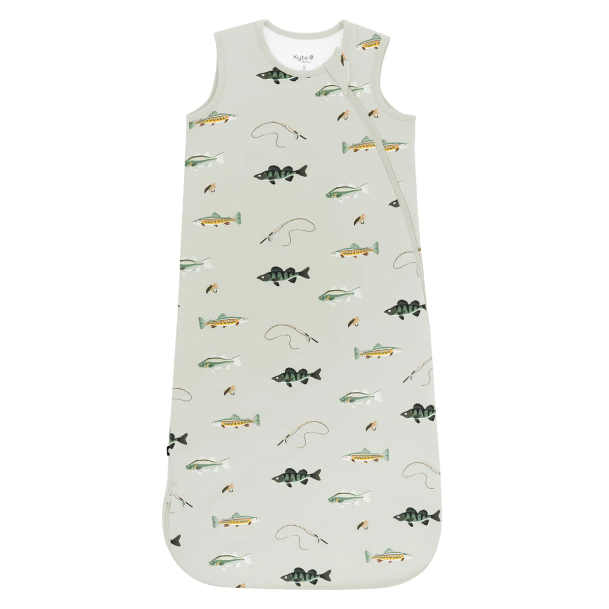 Baby boy sleep sack with zipper in a fishing print on a beige background