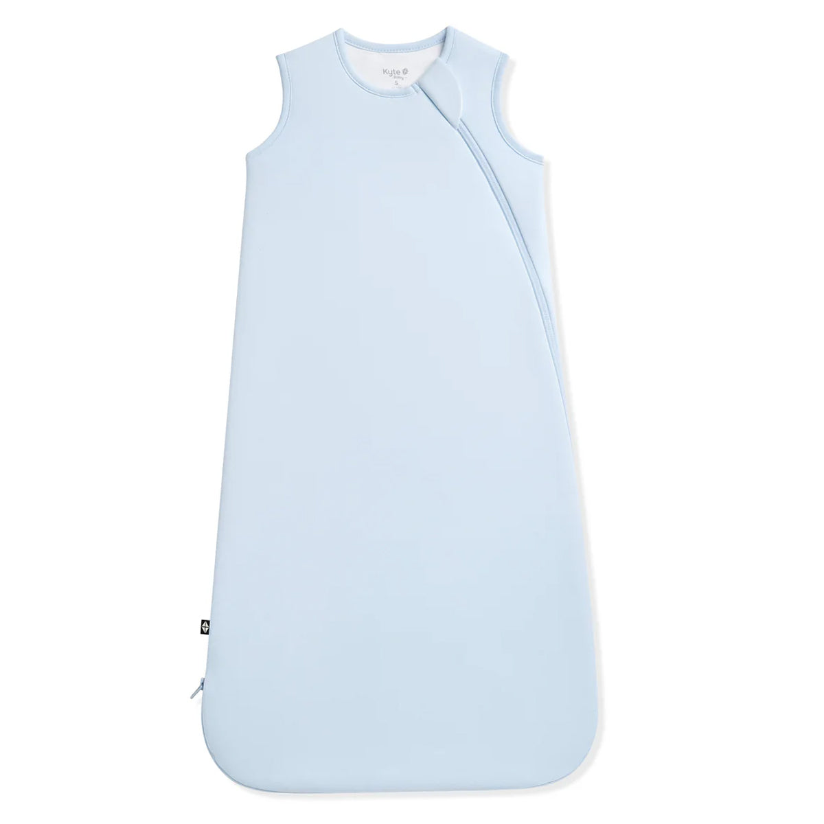 Baby boy light sky blue sleep sack with zip closure and a Kyte Baby tag.
