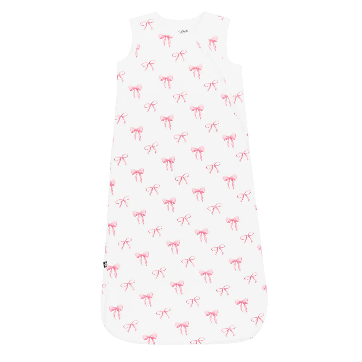 Baby girl sleep sack with a pink bow print and zip closure.