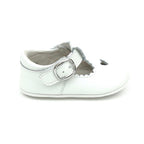 White baby shoe with a buckle and heart cutout design