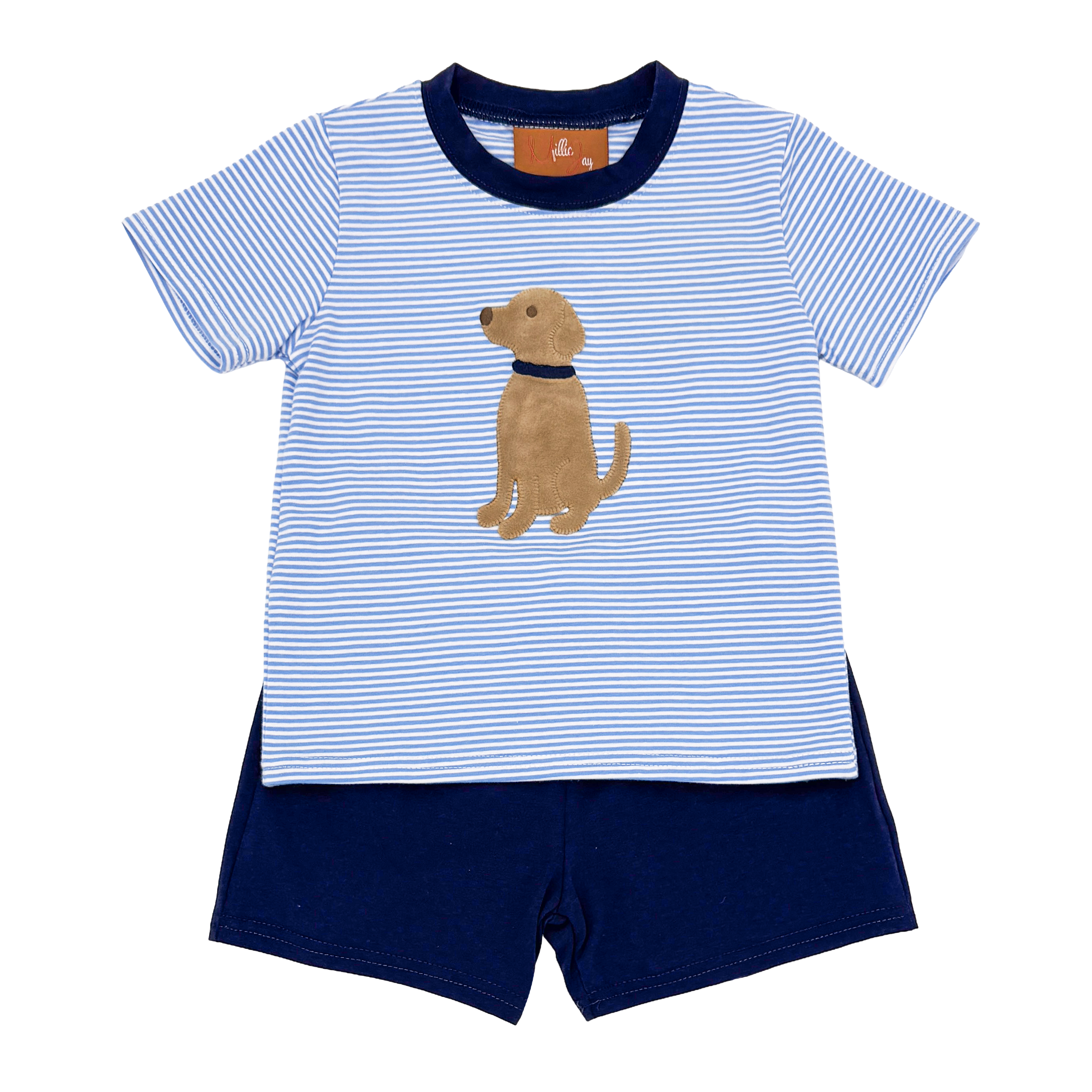 Boy's two-piece outfit with blue striped shirt and navy shorts featuring a puppy dog applique.