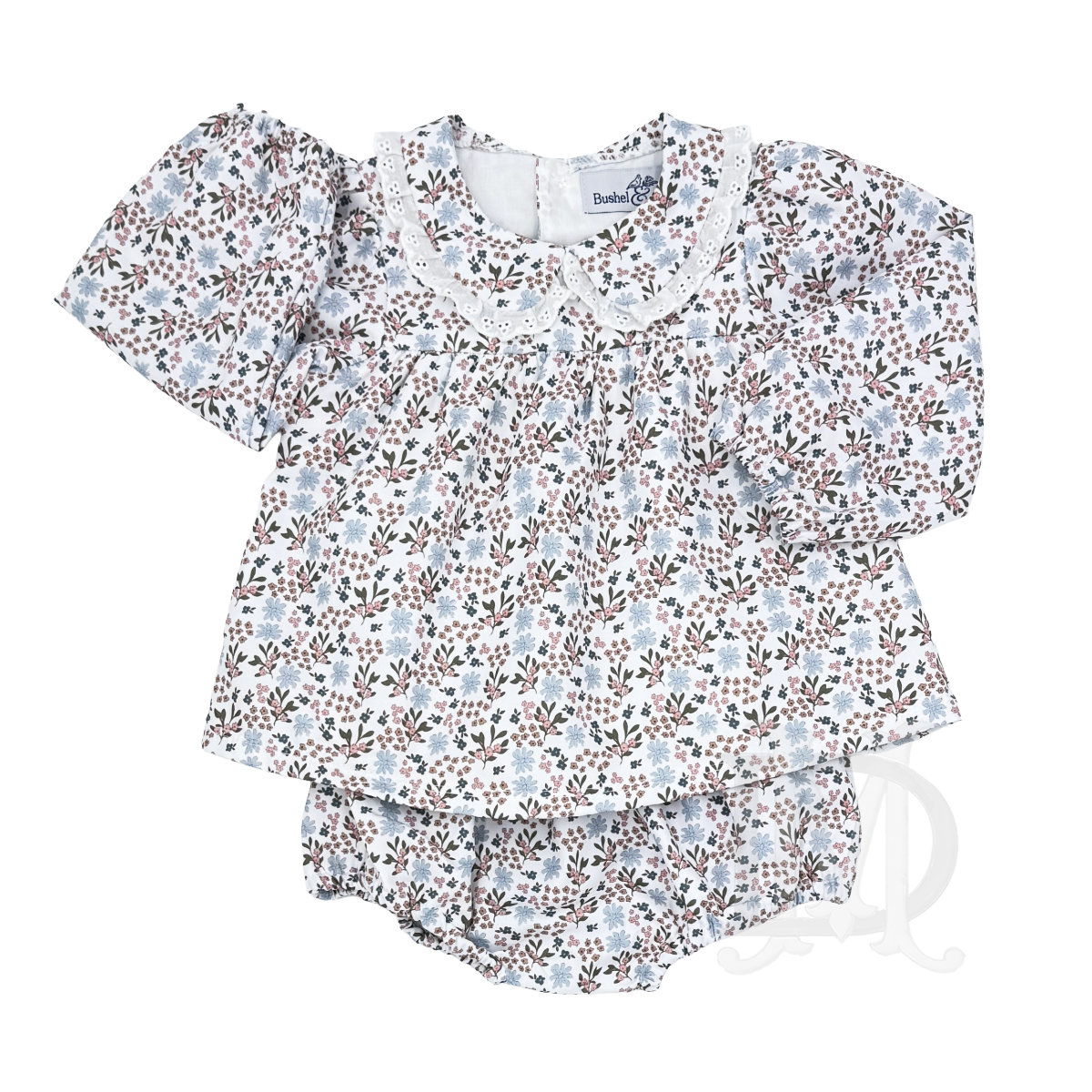 A baby girl's long-sleeve ruffled blouse and matching bloomers set. The set features a delicate fall floral print in light blue, brown, and white, with a white eyelet Peter Pan collar.