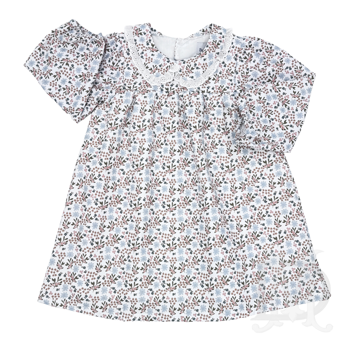 A long-sleeve girls dress with a delicate blue and brown fall floral  featuring a Peter Pan collarwith eyelet trim.