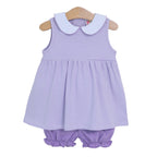 Girls lavender striped outfit with white collar and matching solid bloomers