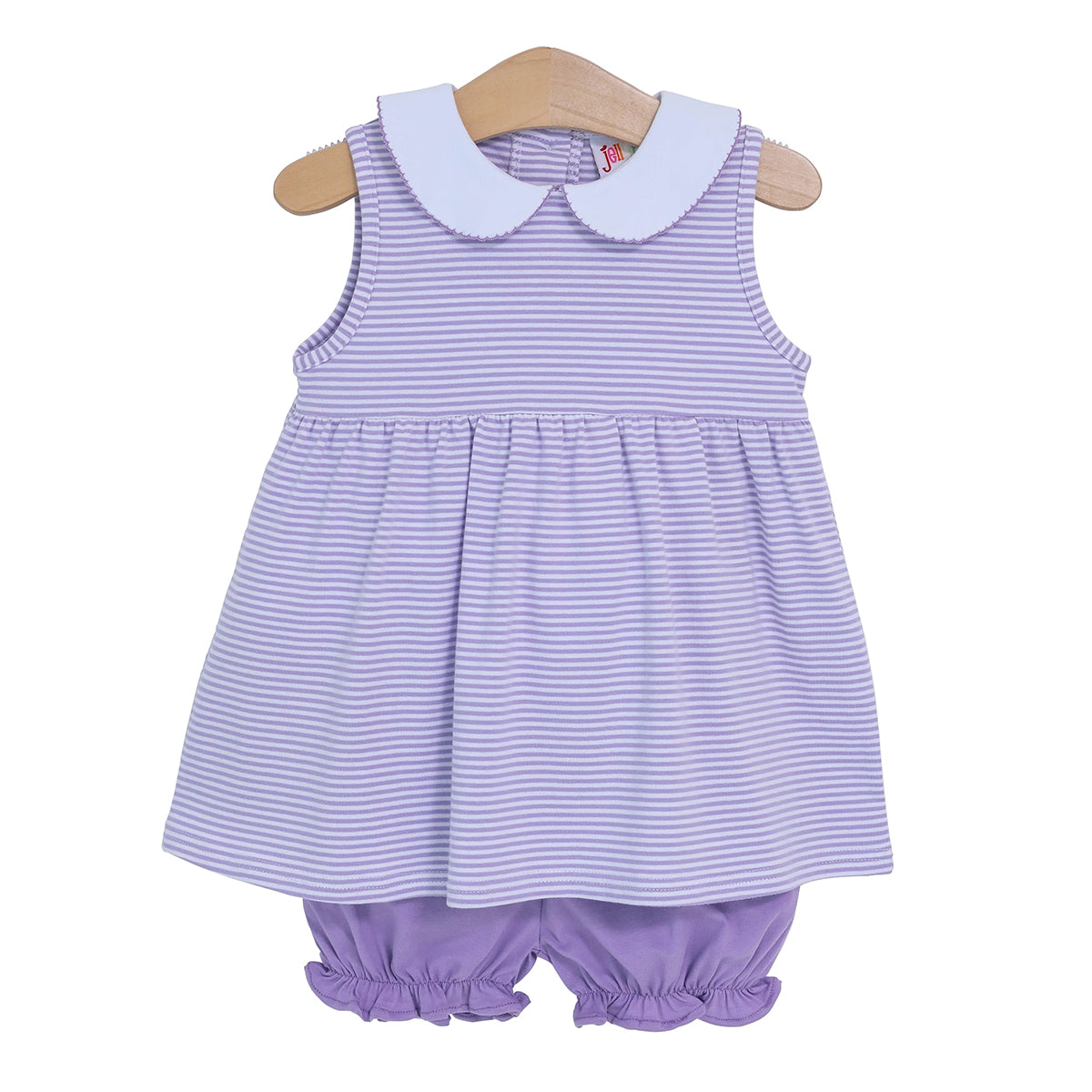 Girls lavender striped outfit with white collar and matching solid bloomers