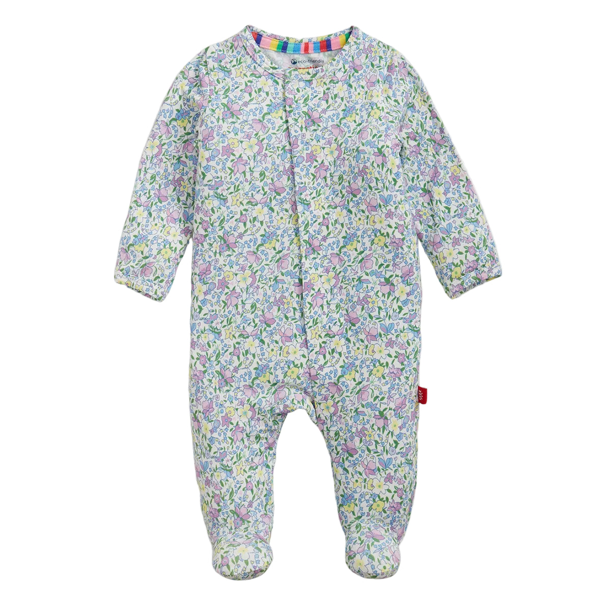 Floral baby girl's footed onesie a Magnetic Me tag.