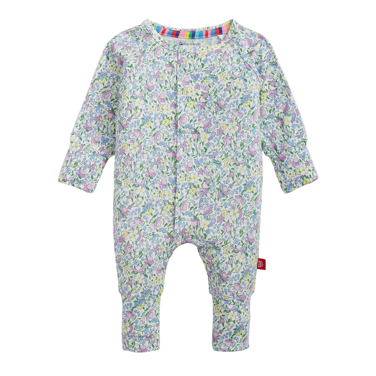 Floral baby modal convertible romper with a Magnetic Me tag.