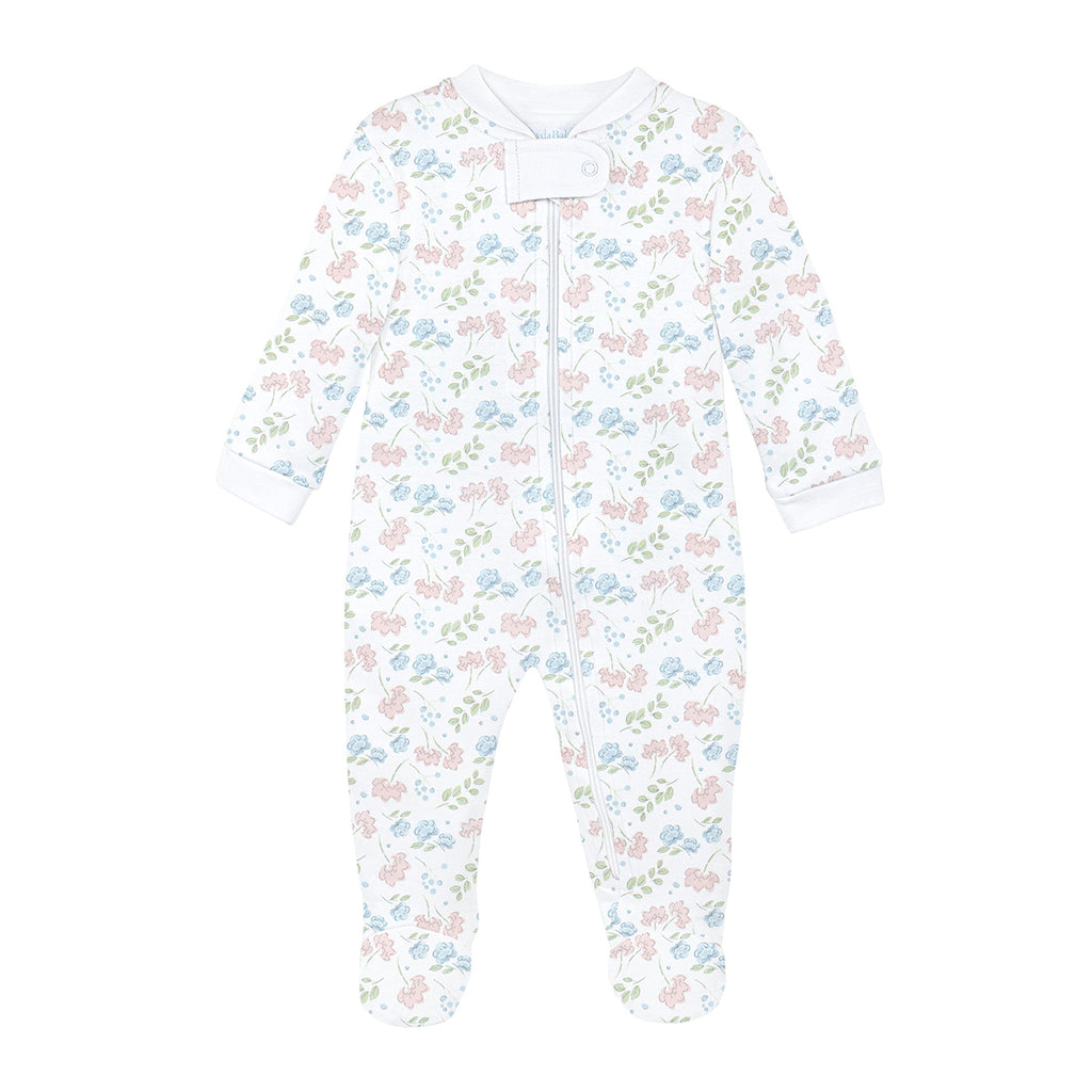 Baby girl’s Pima cotton zip front footie with pink and blue floral Liberty-inspired print