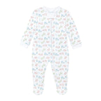 Baby girl’s Pima cotton zip front footie with pink and blue floral Liberty-inspired print