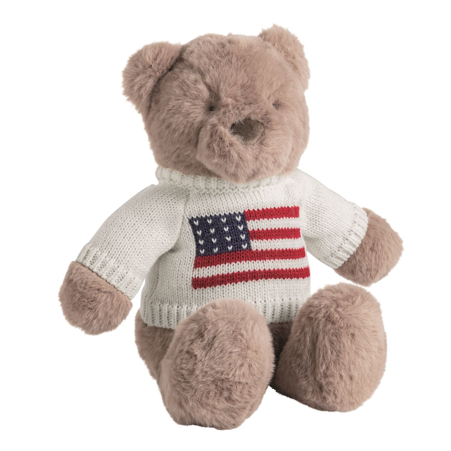 Teddy bear wearing a sweater with an American flag design