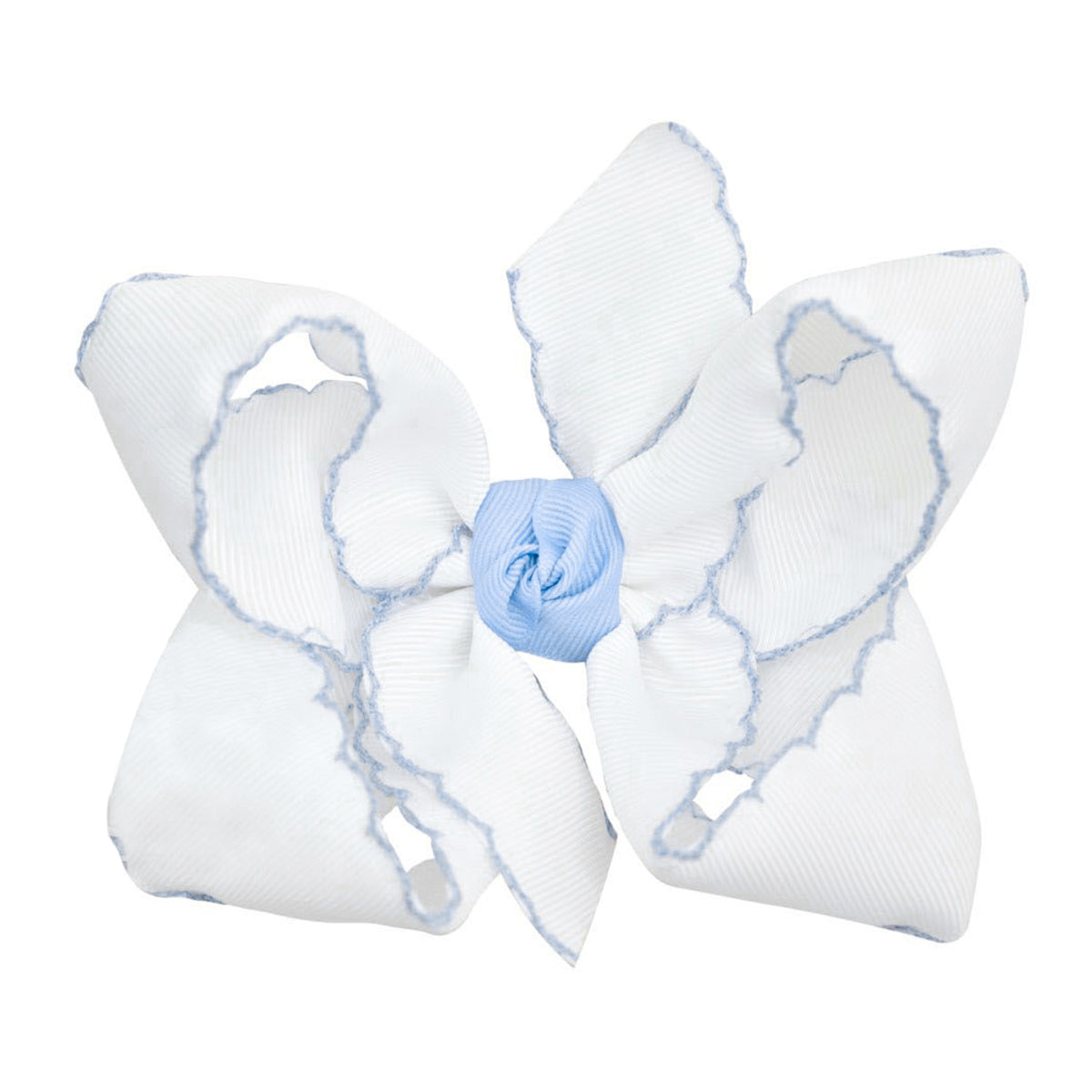 Girls white grosgrain hair bow with blue moonstitch crochet edge.