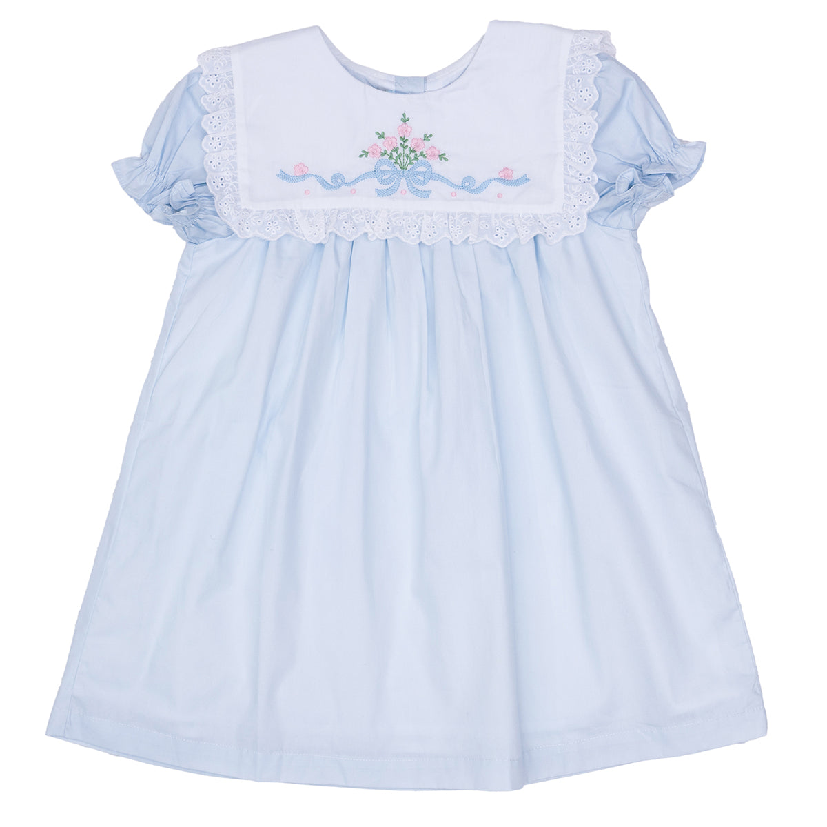 Girls light blue heirloom style dress with white collar and floral bow embroidery