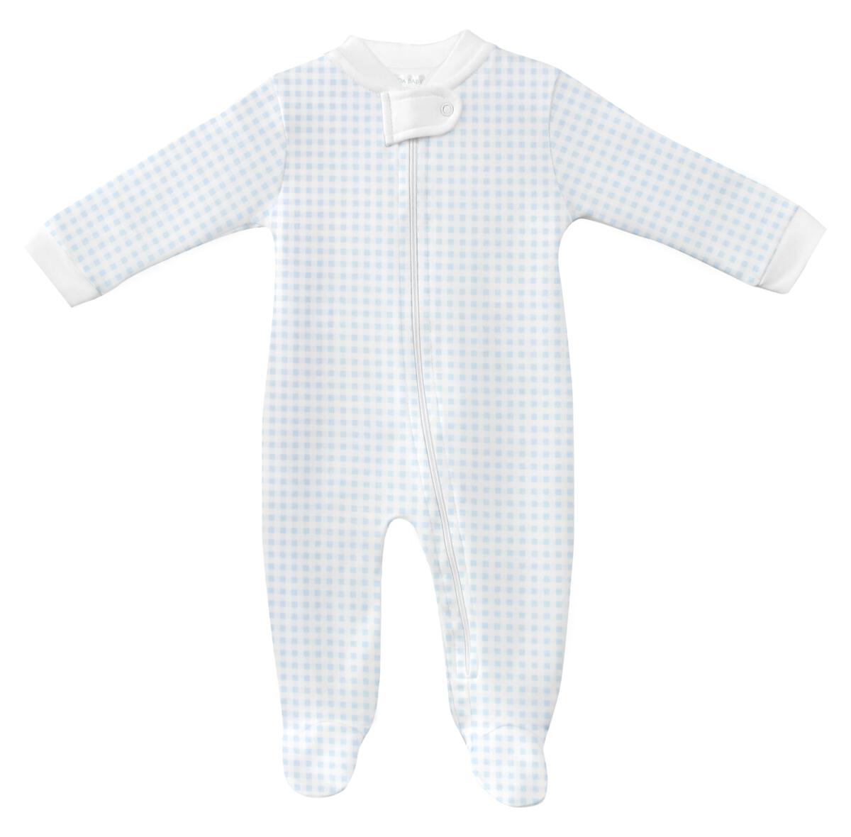 Boy's Pima Cotton Blue Gingham Zippered Footie