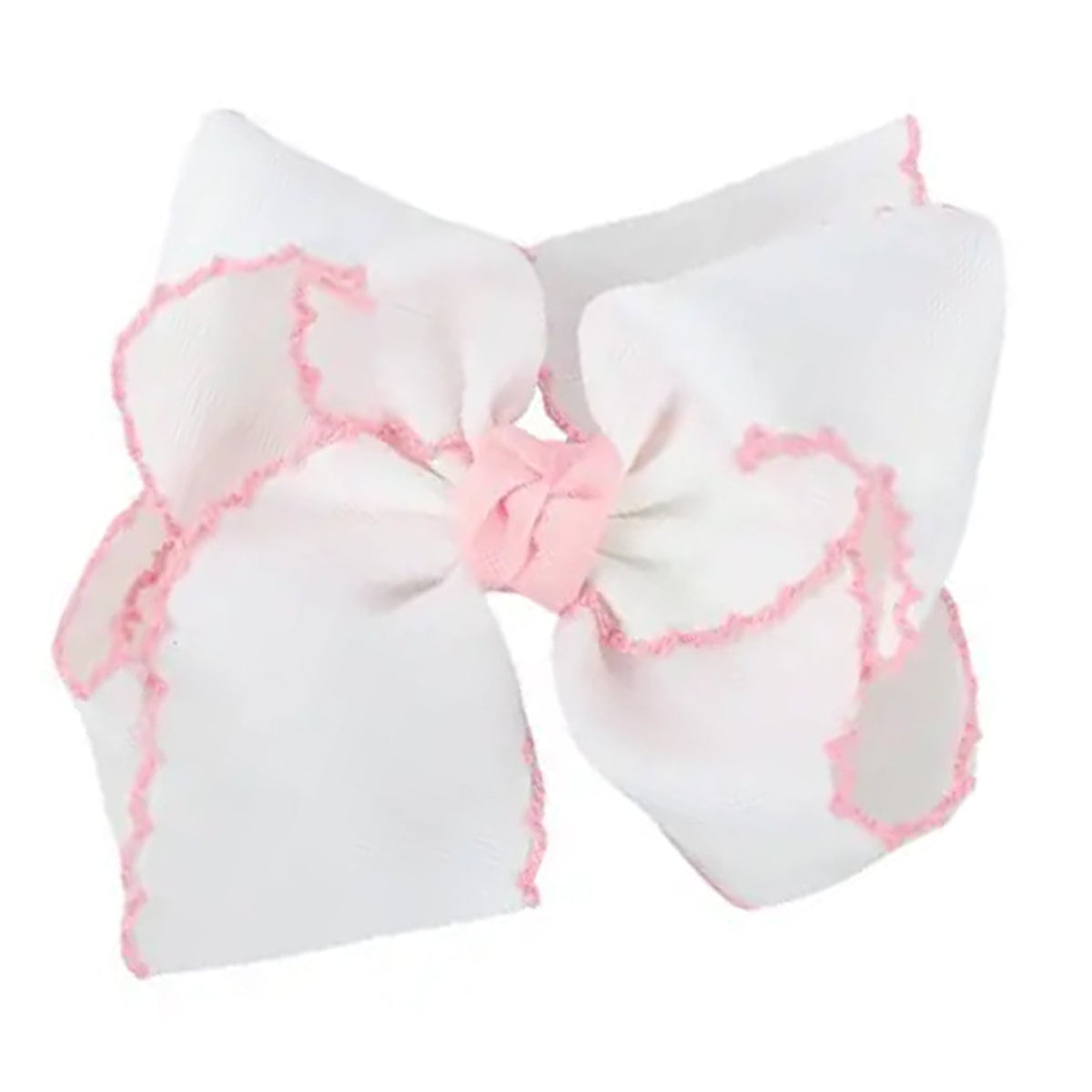 White grosgrain hair bow with pink moonstitch trim