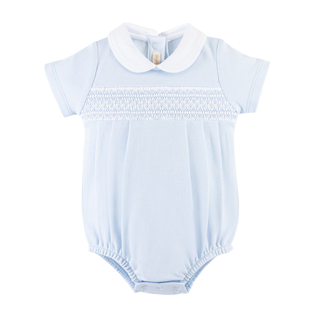 Light blue baby boy pima bubble with geometric smocking and a white collar.
