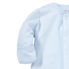 Closeup of a light blue baby boy converter gown showing foldover mittens and Kissy Kissy tag