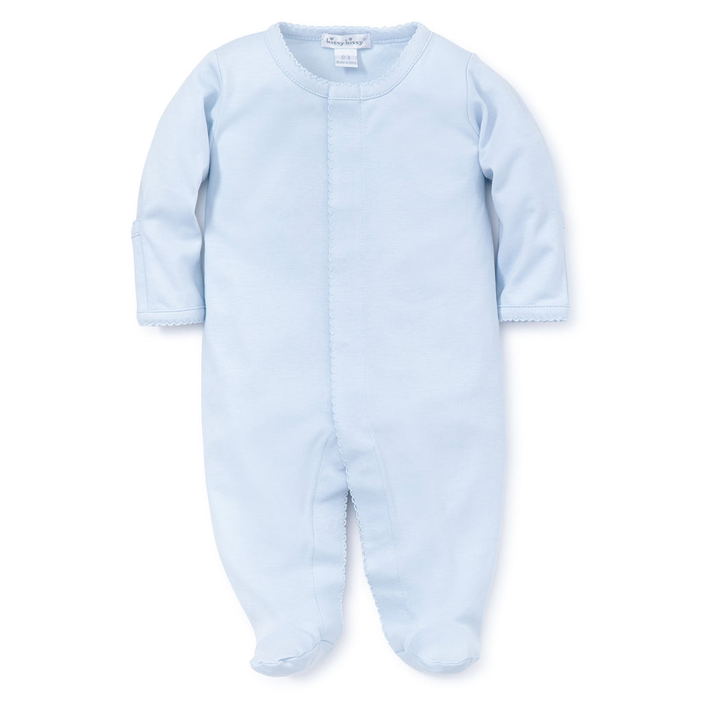Light blue baby boy footed sleeper showing foldover mittens and Kissy Kissy tag