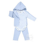 Baby boy’s light blue quilted pant set with a hoodie, striped onesie, and pants.
